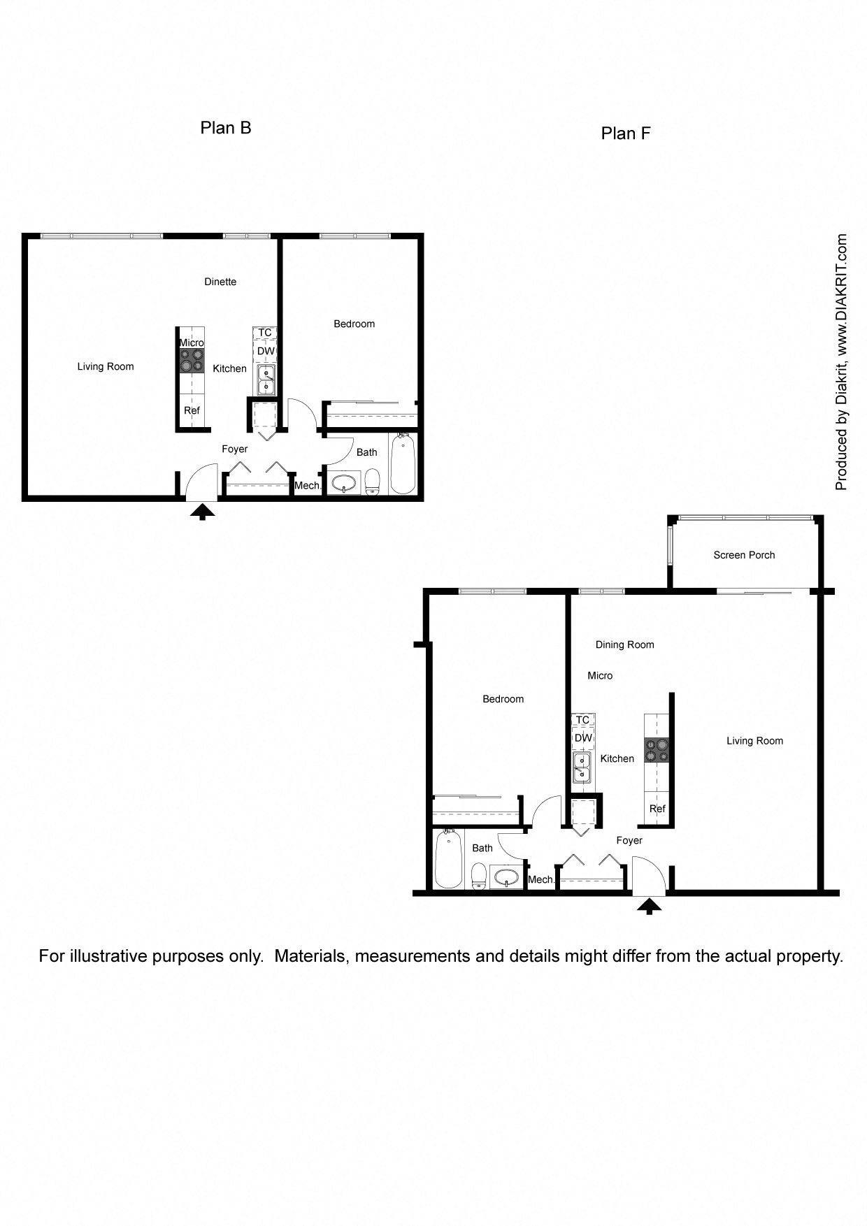 Floor plan for 1 bed, 1 bath, 670 sqft